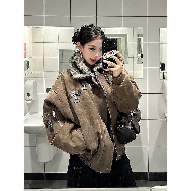 爆爆糖美式毛领座山雕棉服外套女十字架加绒加厚夹克冬季新款棉衣