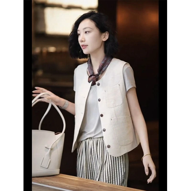 简约高级感棉麻无袖马甲2025年早春新款时尚薄款坎肩背心外套女夏
