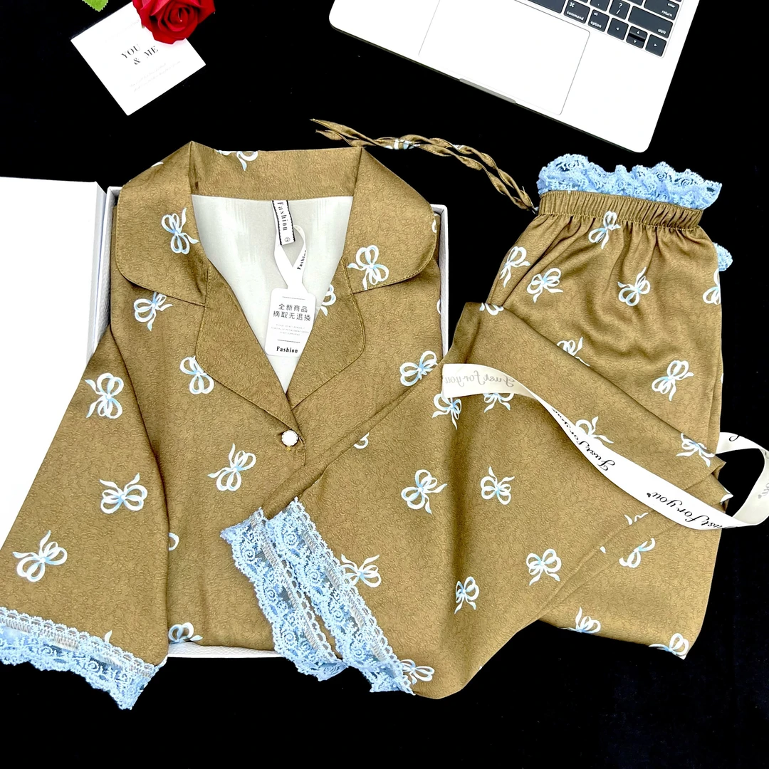 法式高级感蕾丝蝴蝶结印花冰丝睡衣女2025新款休闲套装家居服外穿