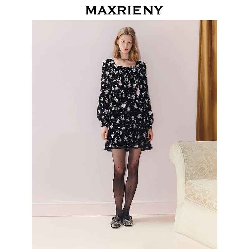 MAXRIENY度假风连衣裙松弛感方领碎花裙25秋款法式长袖收腰茶歇裙