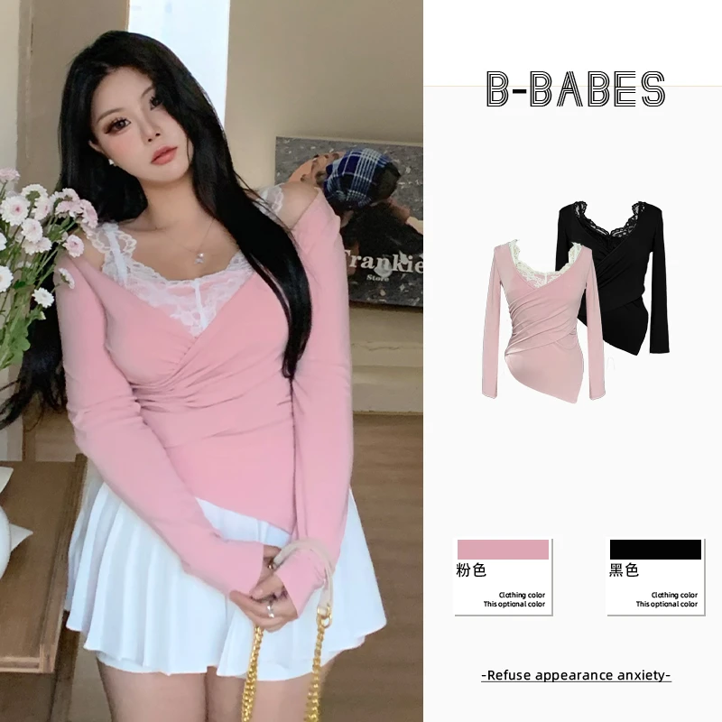 B-babes【桂花奶酿】性感V领长袖T恤加绒修身打底衫蕾丝拼接上衣