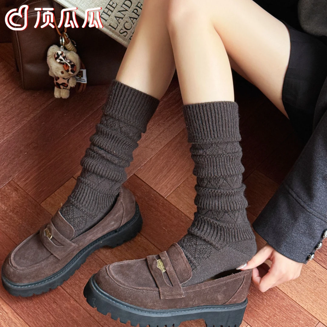 小腿袜子女秋冬加厚保暖羊毛堆堆袜长袜复古菱格纹袜配勃肯鞋长袜