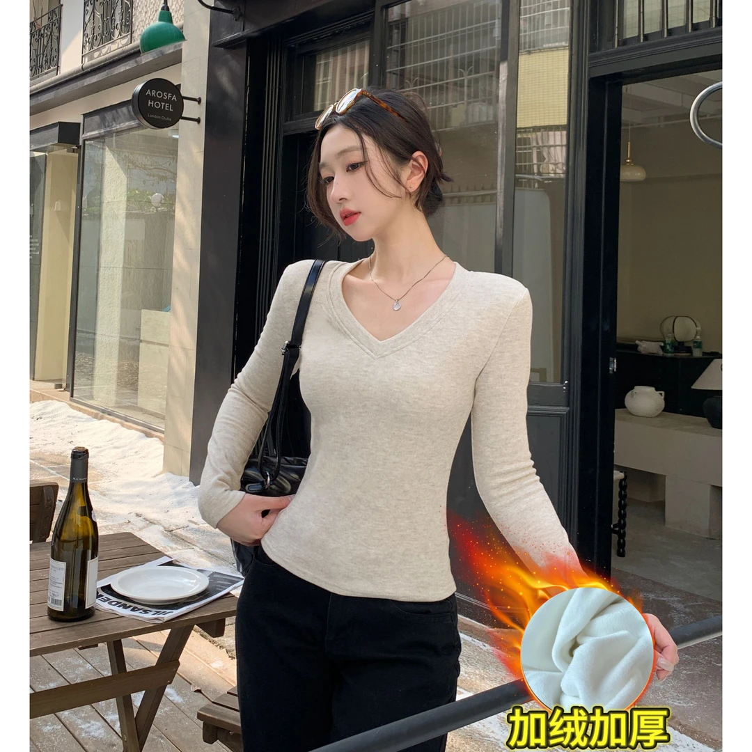 【加绒加厚】摇粒绒正肩V领掐腰显瘦秋冬季内搭修身长袖女