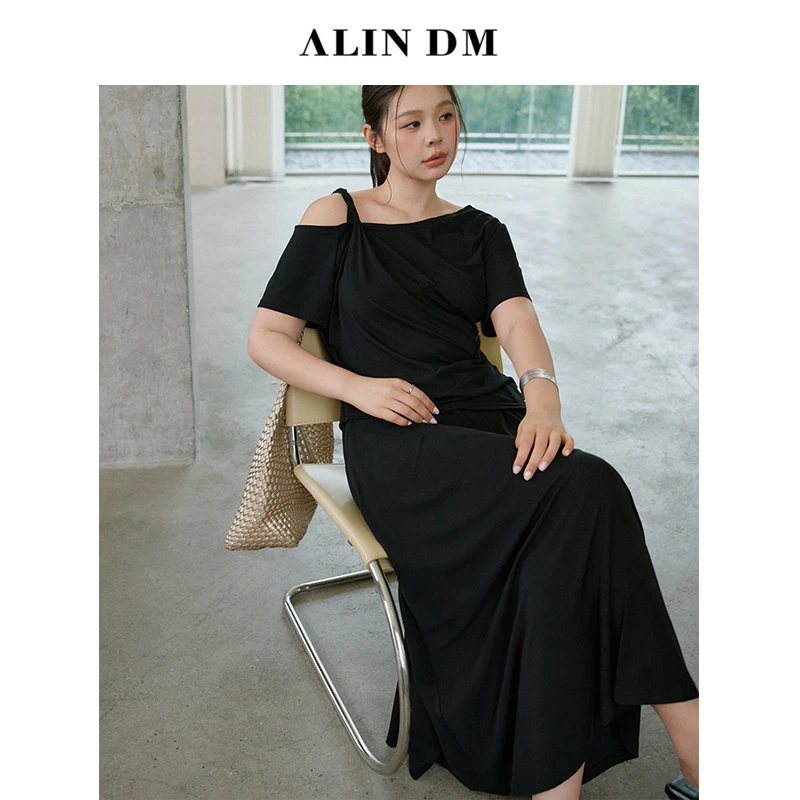 ALINDM【适时松弛】大码微胖mm宽松百搭慵懒斜肩上衣半裙 AG7526