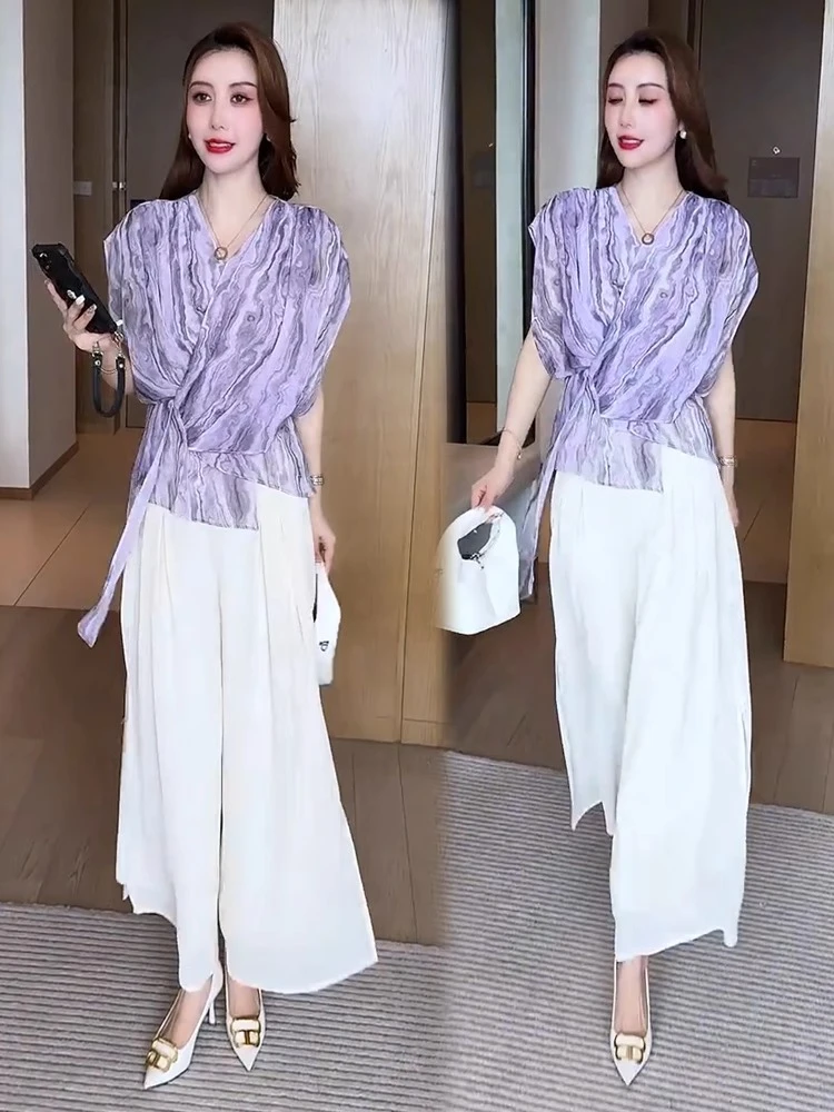 时尚套装女2025夏季新款洋气显瘦气质短袖上衣阔腿裤两件套潮