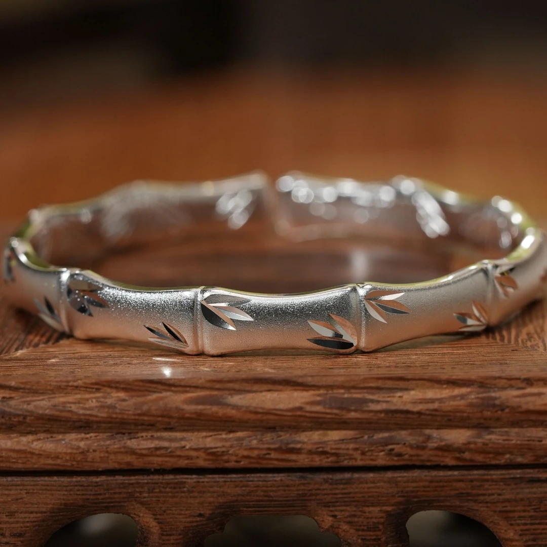 足银手镯 竹节开口雕花银手镯女中国风节节高升实心送女友礼物21