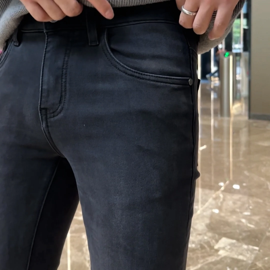 冬季加厚黑灰大码男牛仔裤子休闲裤修身轻奢中腰直筒裤