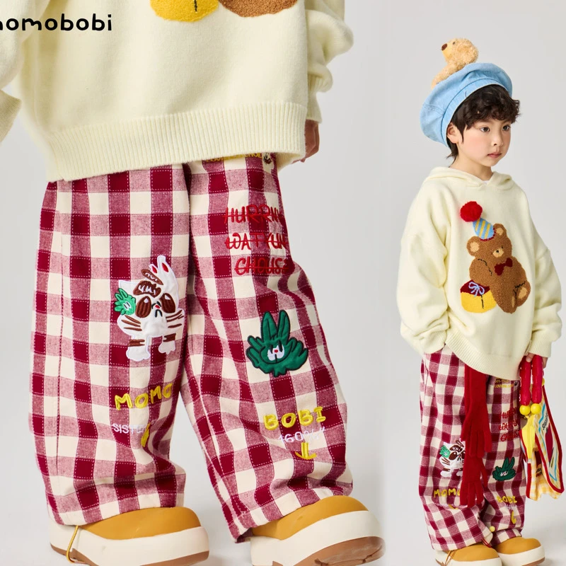 momobobi自制童装韩版卡通格子刺绣直筒裤百搭学生字母休闲长裤潮
