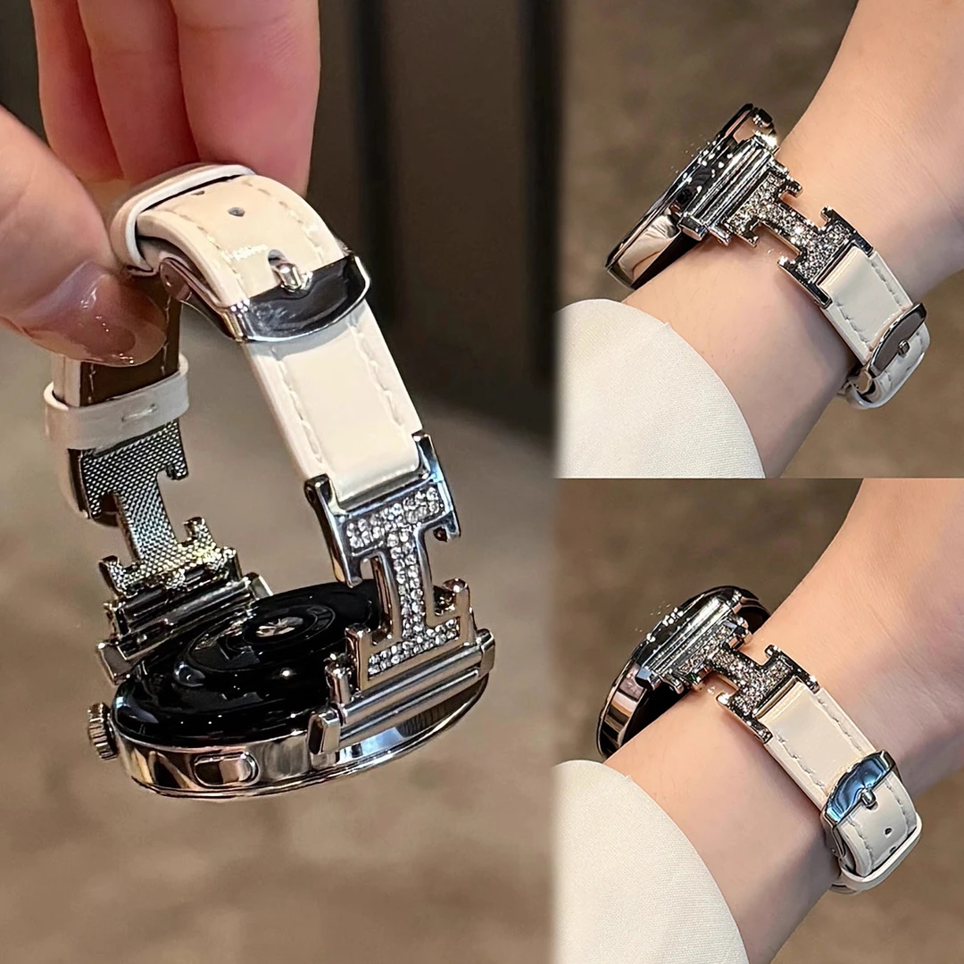 适用华为细边H扣镶钻金属拼皮质手表表带watch3watch4GT3/4proGT5
