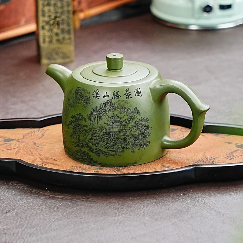 2887溪山胜境图井栏壶宜兴原矿紫砂手工刻绘溪山胜境井栏壶紫砂壶