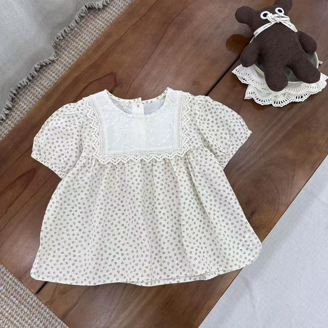〖姐姐家〗2025夏款儿童萌娃穿搭蕾丝门襟满印碎花娃娃衫衬衫261001