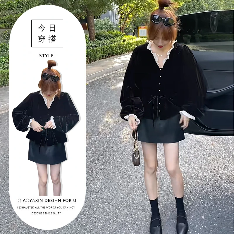 春秋时尚一整套女装2025新款韩版灯笼袖花边上衣pu皮短裙子两件套
