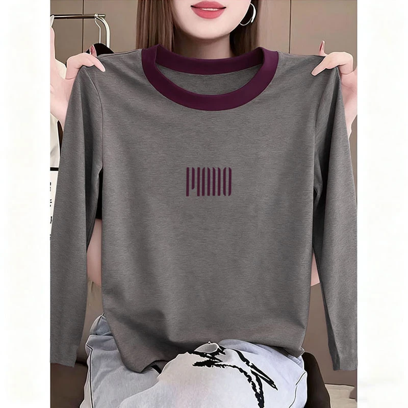 2025秋季新款领口拼色正肩圆领长袖t恤女小众设计感时尚百搭上衣