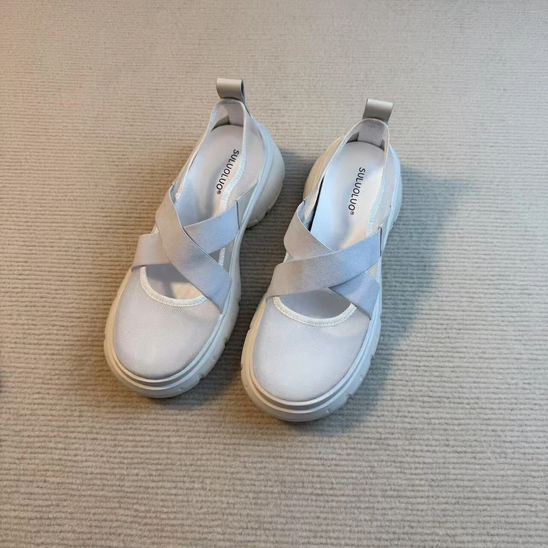 六也「自由呼吸」夏季2025新款网面透气交叉松紧带厚底增高鞋L712