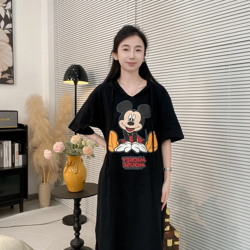 纯棉连帽连衣裙有口袋阔版家居服吸湿排汗自带胸垫假两件套