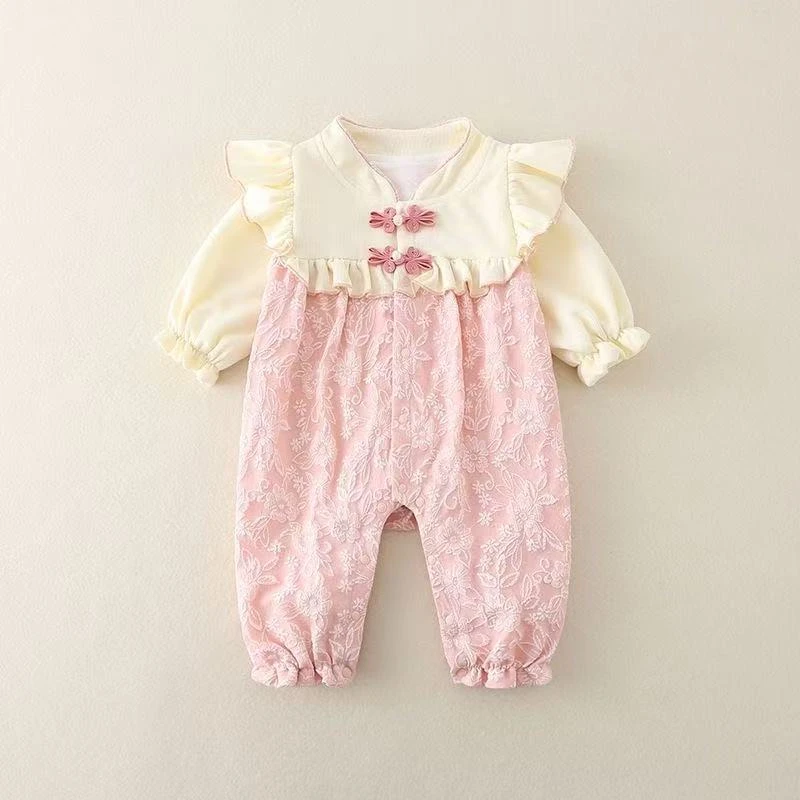 小公主哈衣婴儿春秋款中国风双层印花连体衣女宝宝满月周岁