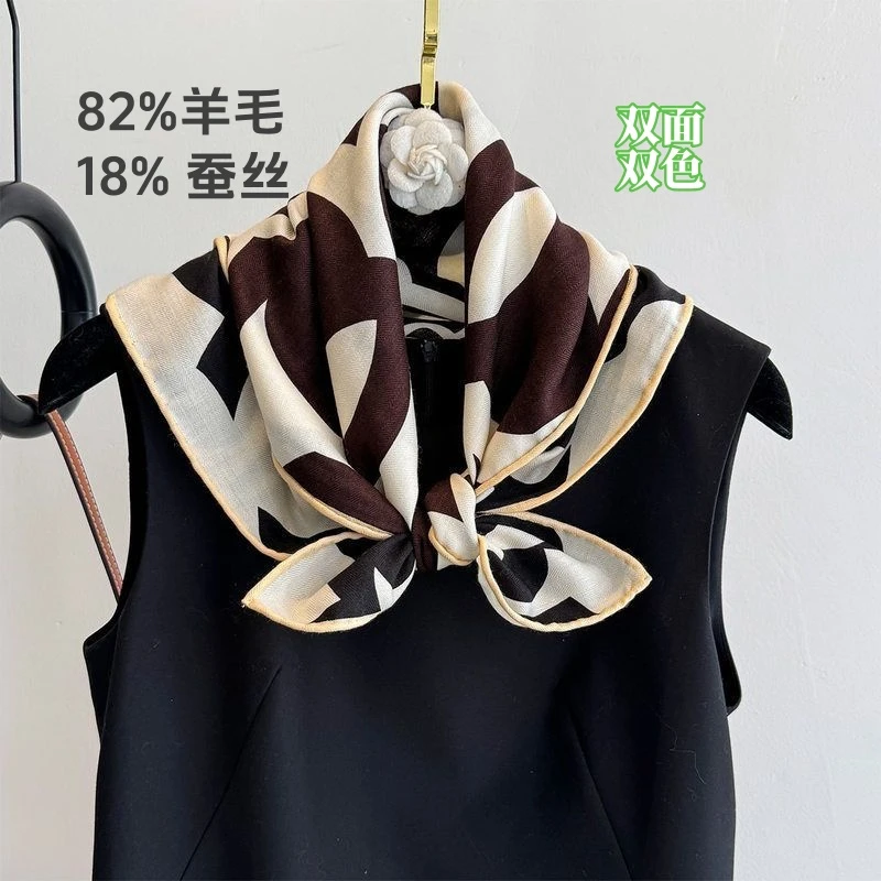 高档真丝羊毛丝巾简约百搭职业装饰小领巾围巾经典山茶花印花方巾