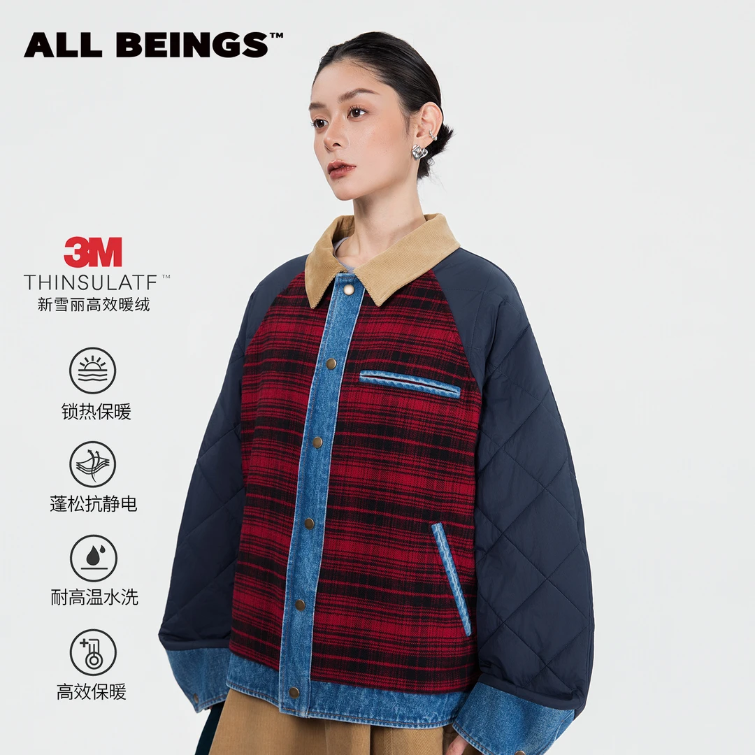 ALL BEINGS25AW秋冬新款红色格纹牛仔拼接新雪丽夹棉外套