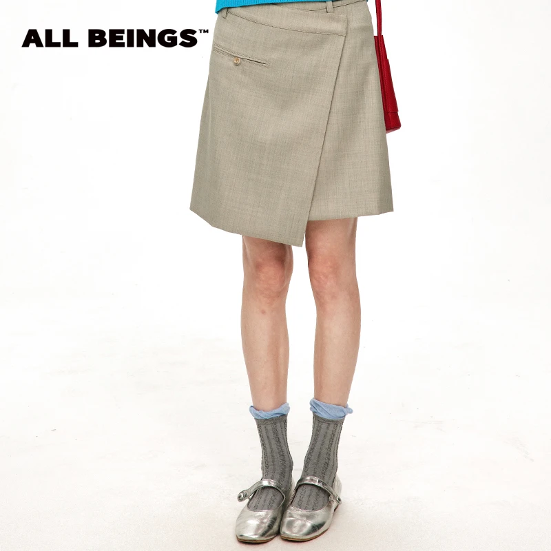 ALL BEINGS卡其灰一片式A字羊毛短裙复古时尚