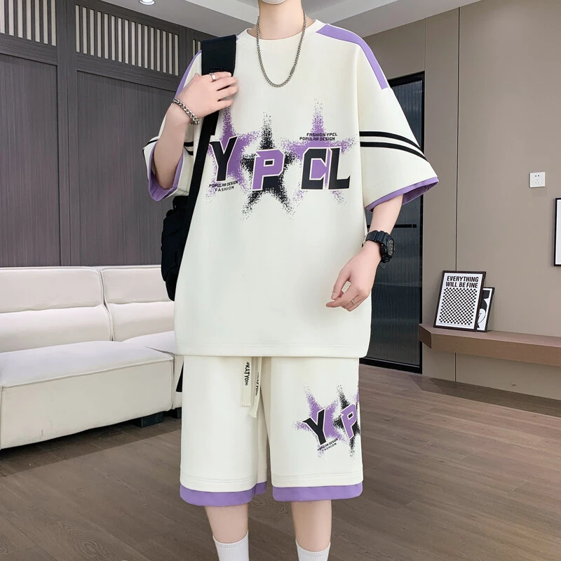 2025薄款青少年学生夏季短袖短裤套装帅气宽松运动男夏日漫游