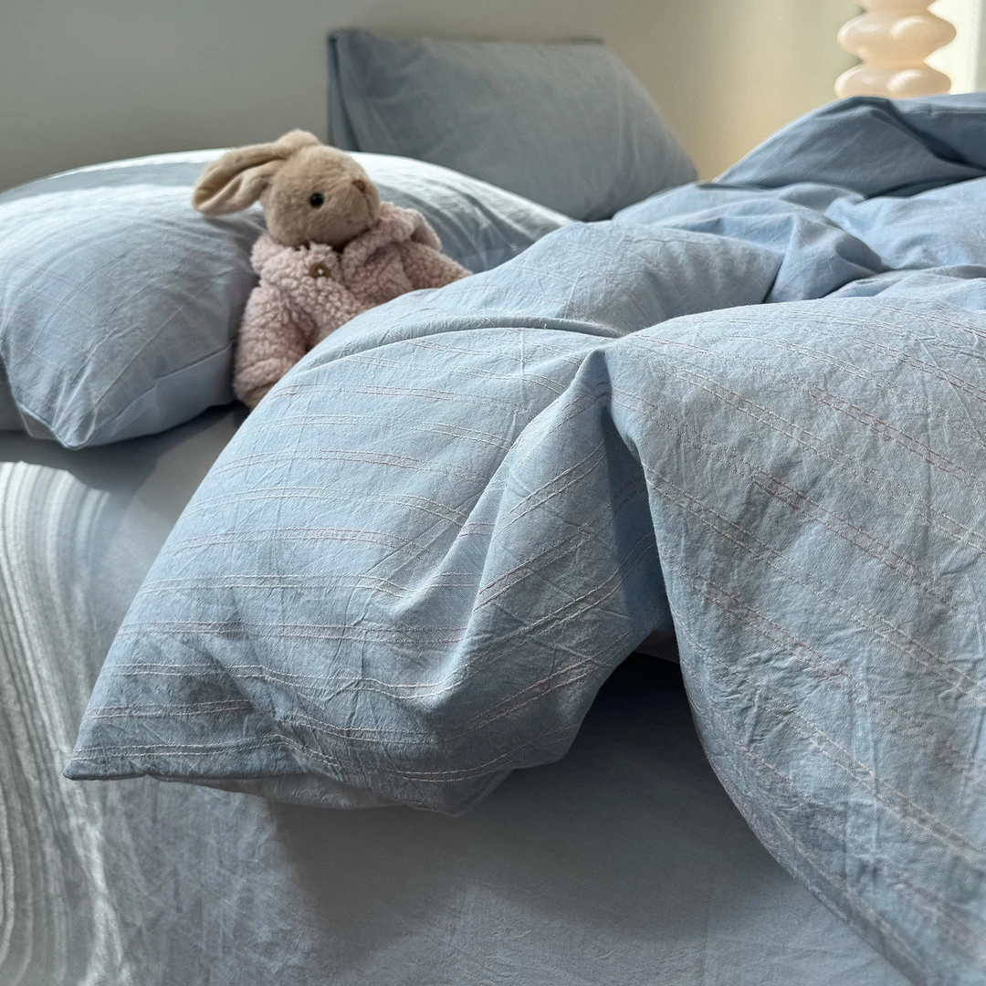 A类雾霾蓝纯棉条纹床上四件套100%全棉新款四季通用被套床单床笠