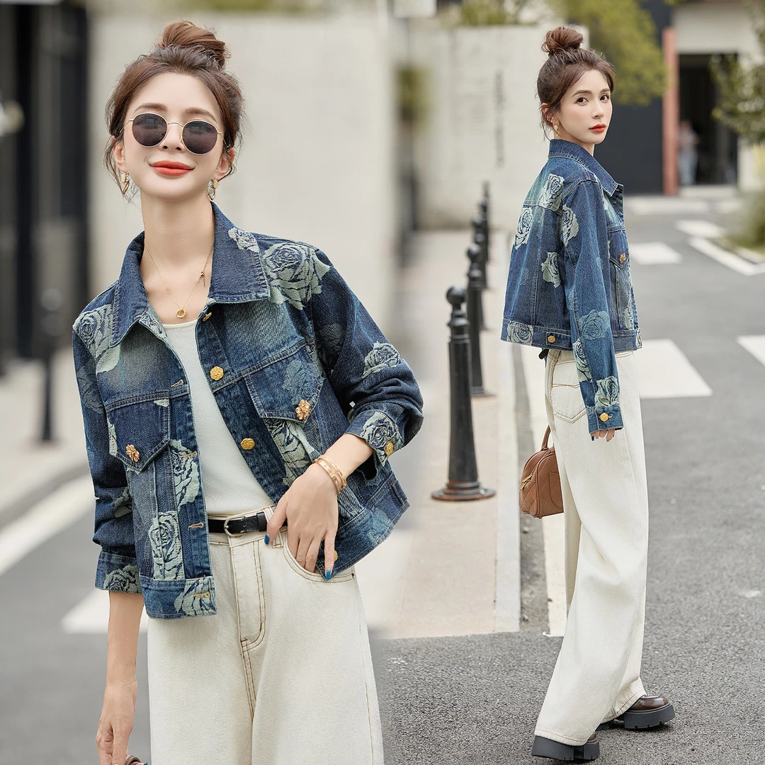 休闲时尚印花牛仔外套女2025春秋新款小个子洋气减龄百搭短款上衣