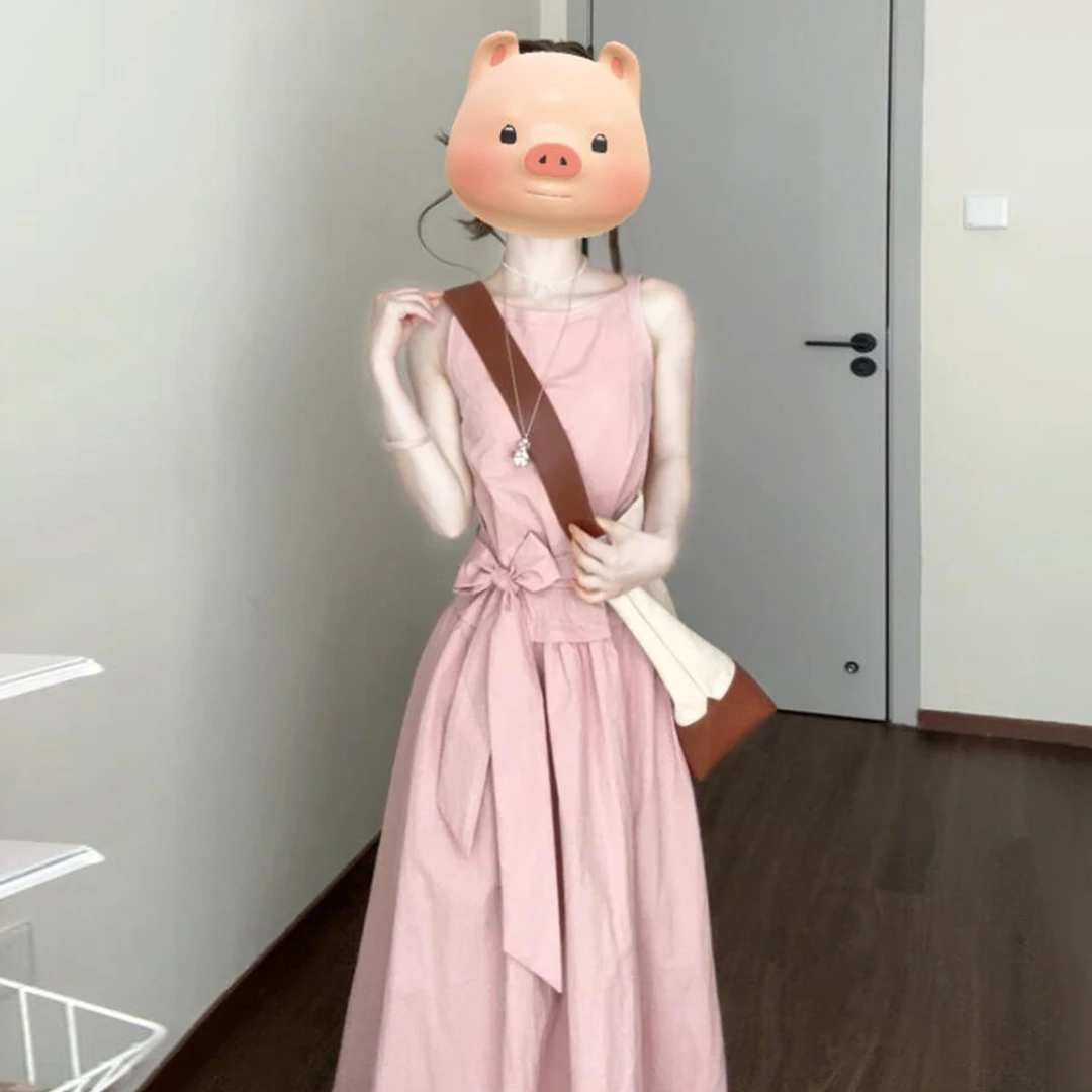 法式甜美风无袖背心连衣裙女夏季巨好看收腰长裙蝴蝶结裙子5058
