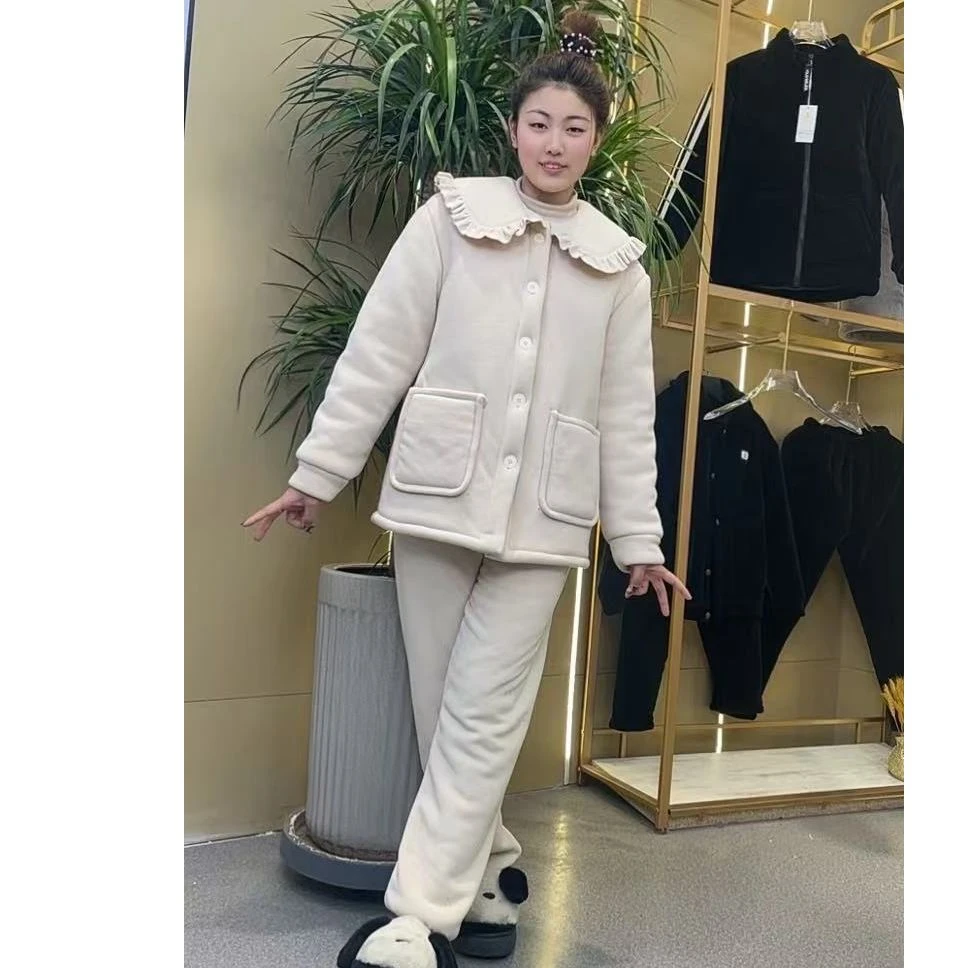 【6171】冬季女士海豚绒香风加厚睡衣三层夹棉家居服套装可外穿保暖