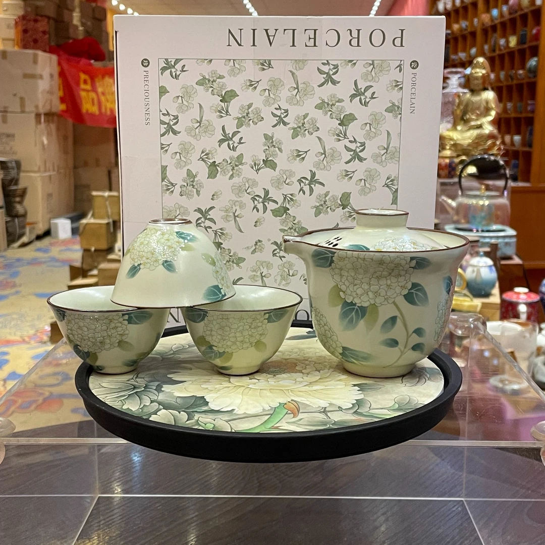 【闪购商品】汝窑绣球花手抓壶一壶三杯带茶盘，st-999153