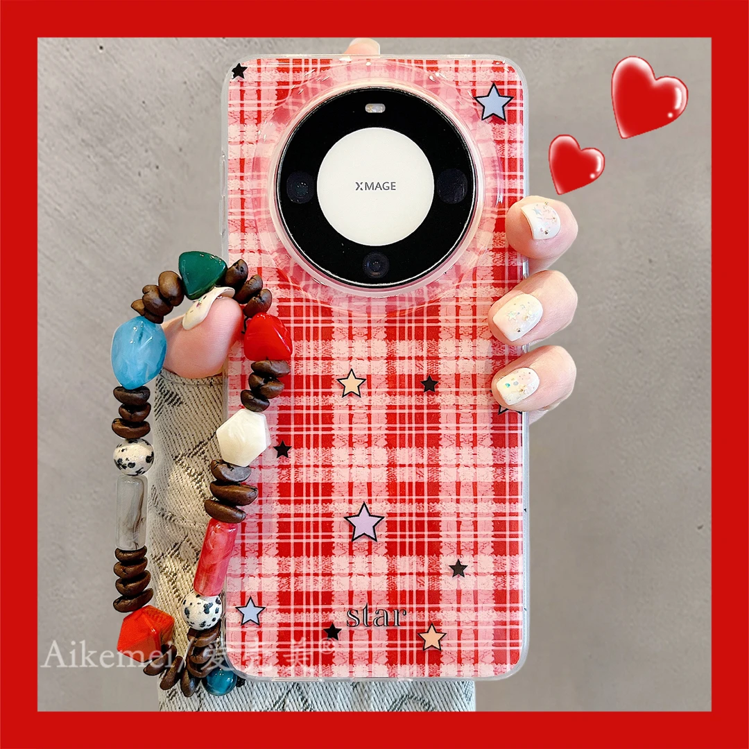 适用华为mate70pro+手机壳红色格纹mate60pro+彩色星星咖啡豆链条