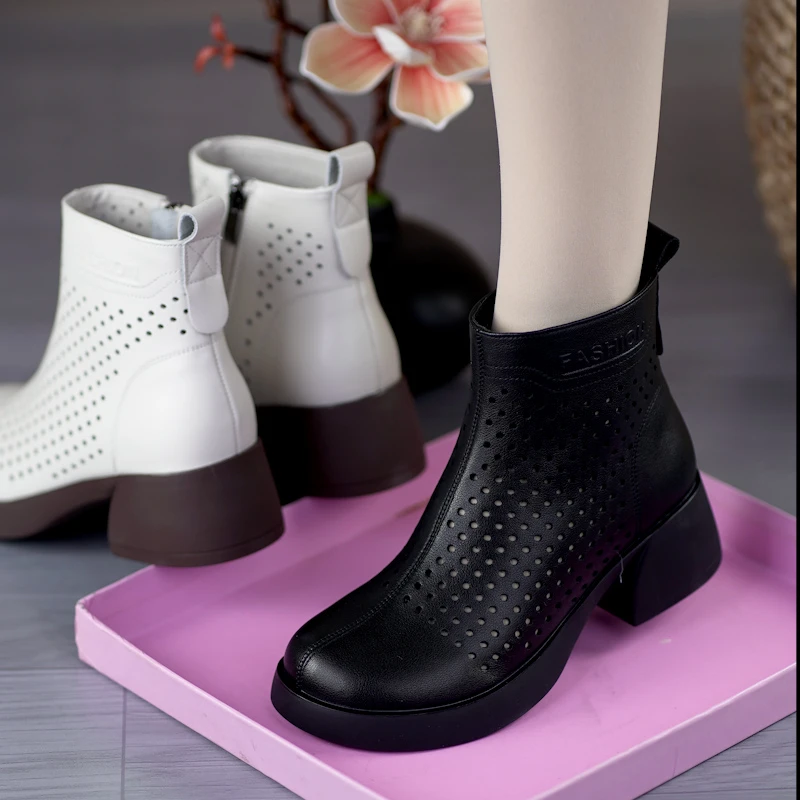 2025新款镂空真皮短靴女粗跟薄款马丁靴凉靴子春夏透气洞洞鞋女鞋