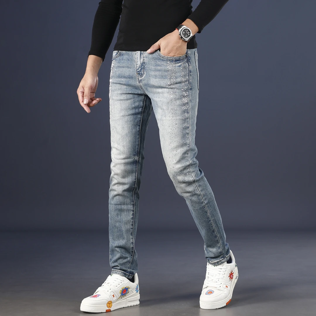欧货轻奢烫钻牛仔裤男款爆款2025新款秋冬季修身小脚弹力时尚裤子