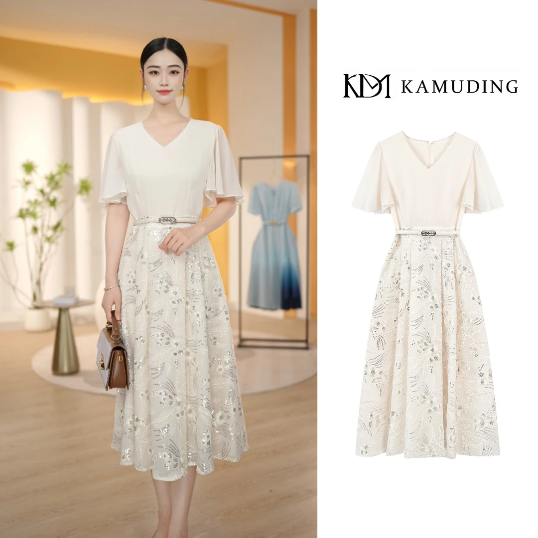 KAMUDING2025新款法式气质V领短袖拼接重工刺绣亮片连衣裙8891