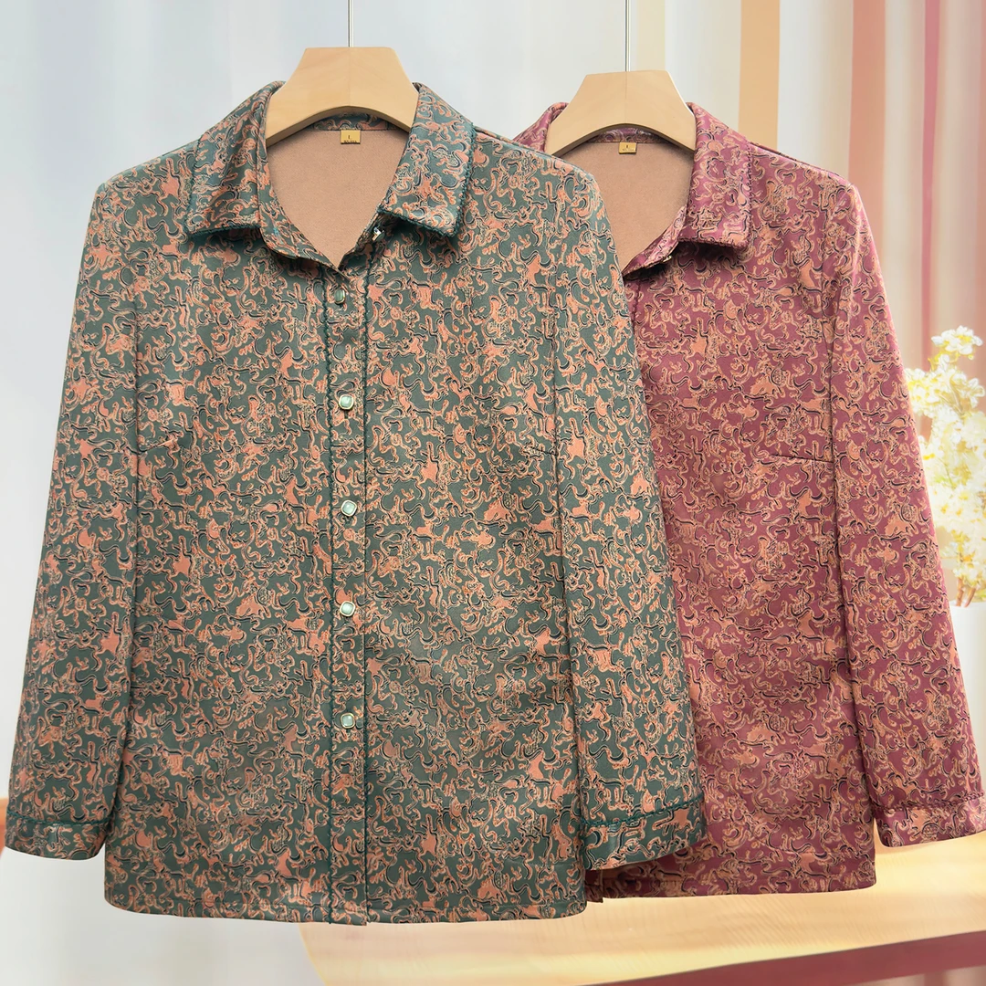 妈妈装春秋天宽松长袖衬衫翻领上衣中老年人婆婆奶奶秋装薄外套女