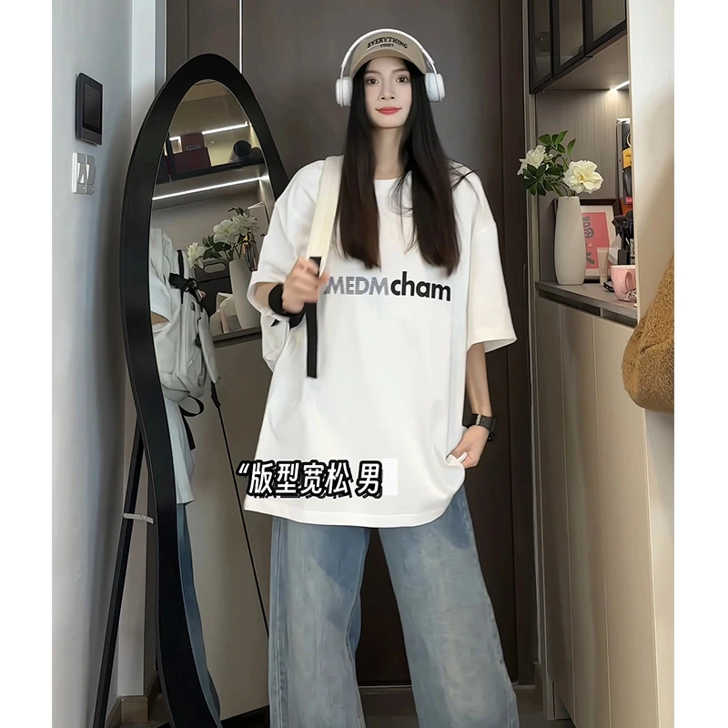 新款韩版潮牌纯棉重磅男女字母印花夏季小众宽松情侣百搭短袖T恤