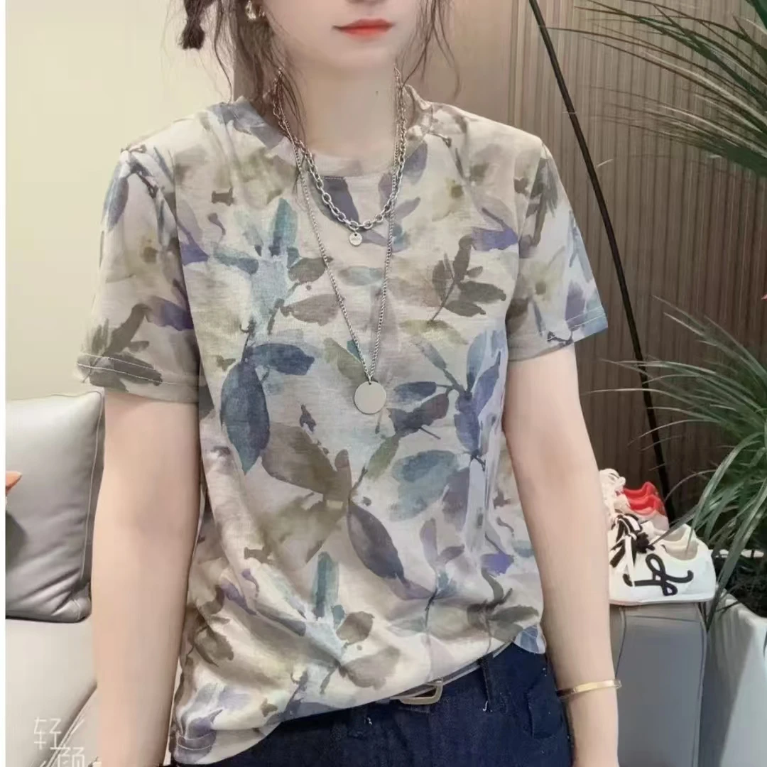 扎染印花T恤女圆领设计感短袖显瘦花卉休闲上衣-0535