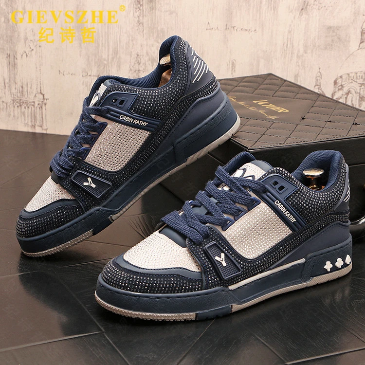 纪诗哲板鞋男款百搭休闲鞋新款轻奢水钻时尚男鞋潮流增高拼色鞋子