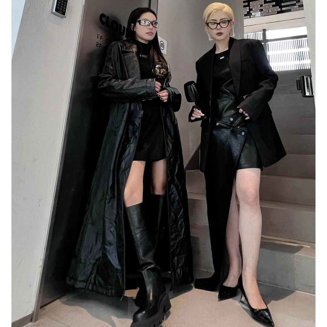 AKTK落肩廓形褶皱皮大衣AKTK042F124