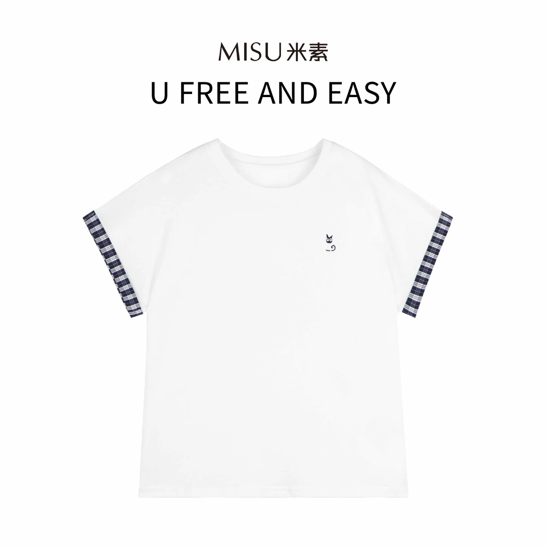 MISU米素休闲时尚百搭夏季圆领刺绣猫咪T恤125X609
