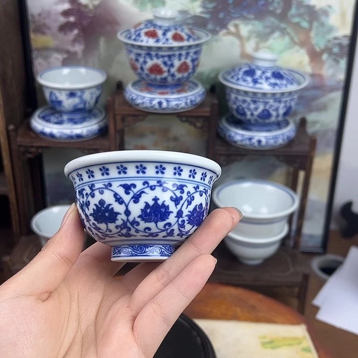 陶杯子青花缠枝莲小压手