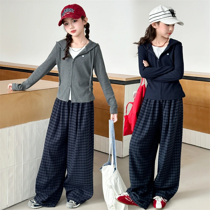 女童套装秋装2025新款儿童洋气假两件外套女孩春秋格子裤两件套潮