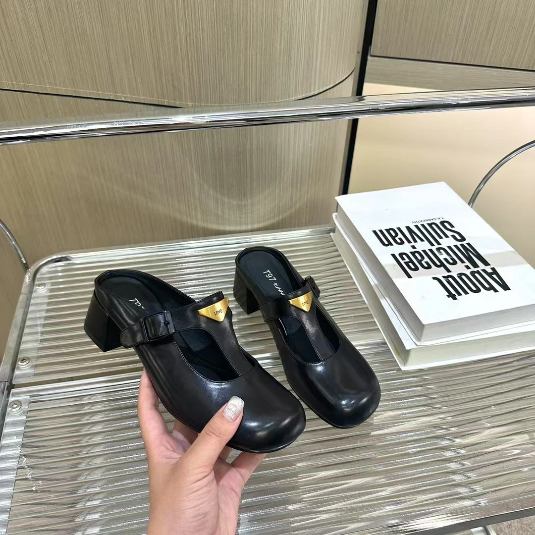 (T97)春季新款欧洲站设计感方头中跟百搭舒适外穿包头拖鞋X0221