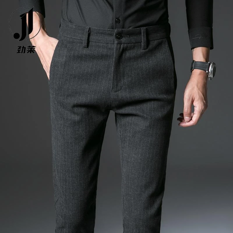 秋冬季条纹休闲裤修身小脚裤百搭垂感男裤弹力西裤潮流小直筒长裤