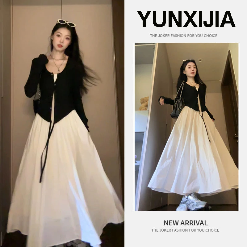 2025早秋新款白色吊带连衣裙子女高级感不规则针织开衫长裙两件套