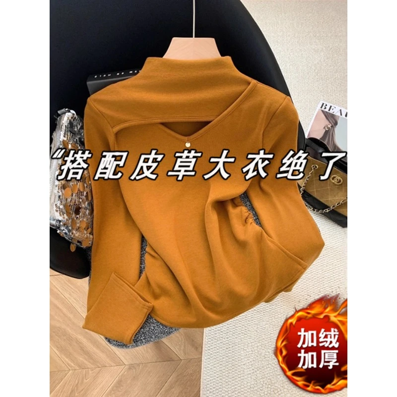 南瓜橘半高领加绒打底衫女秋冬皮草内搭巨好看上衣义乌不规则T恤