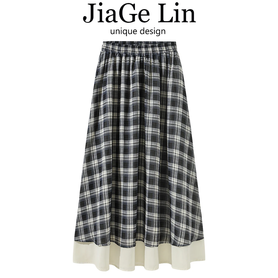 JiaGeLin韩系时尚百搭松紧腰格纹半身裙气质长裙女夏遮肉显瘦裙子