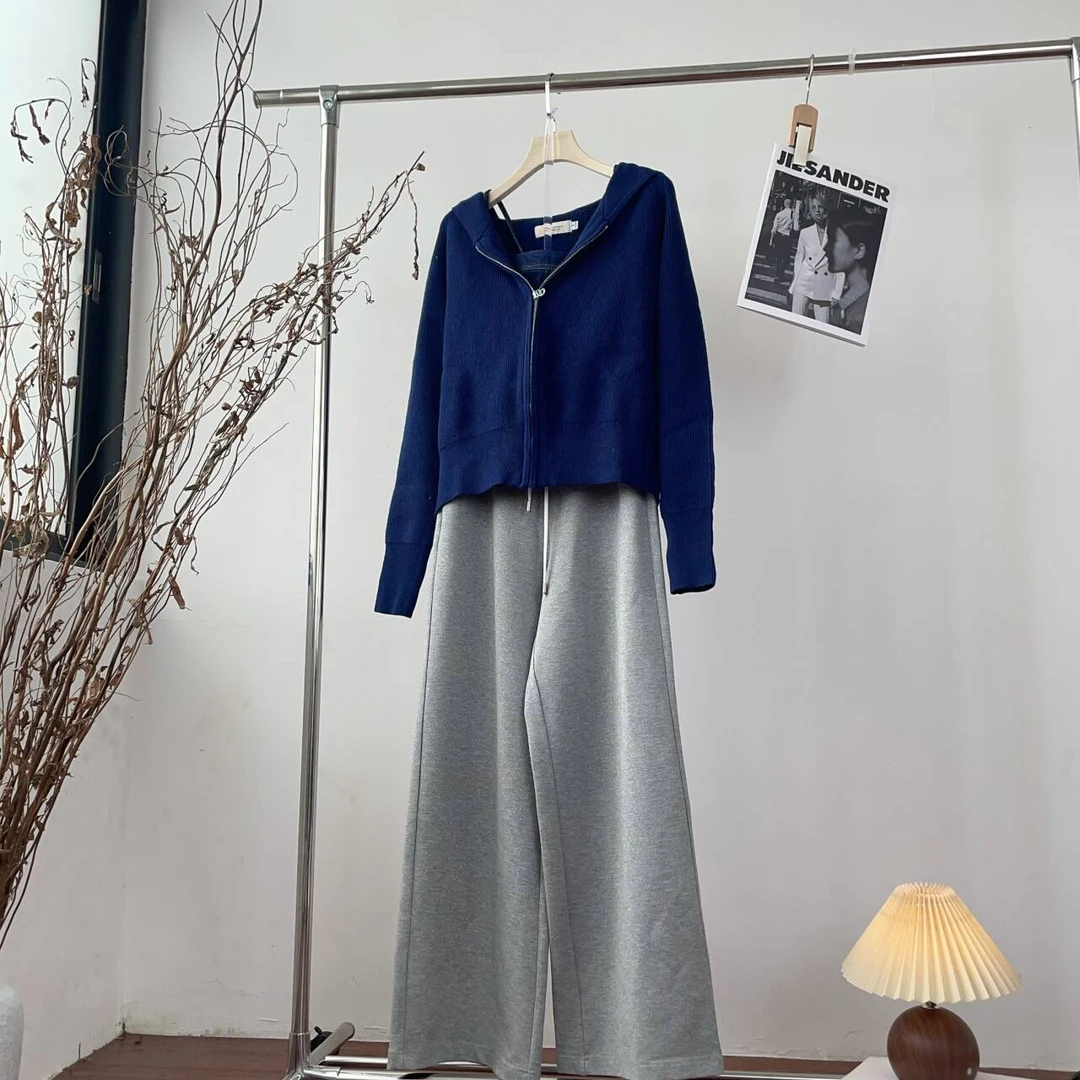许我耀眼赵露思许妍同款蓝色针织连帽开衫牛仔洋气宽松两件套秋冬