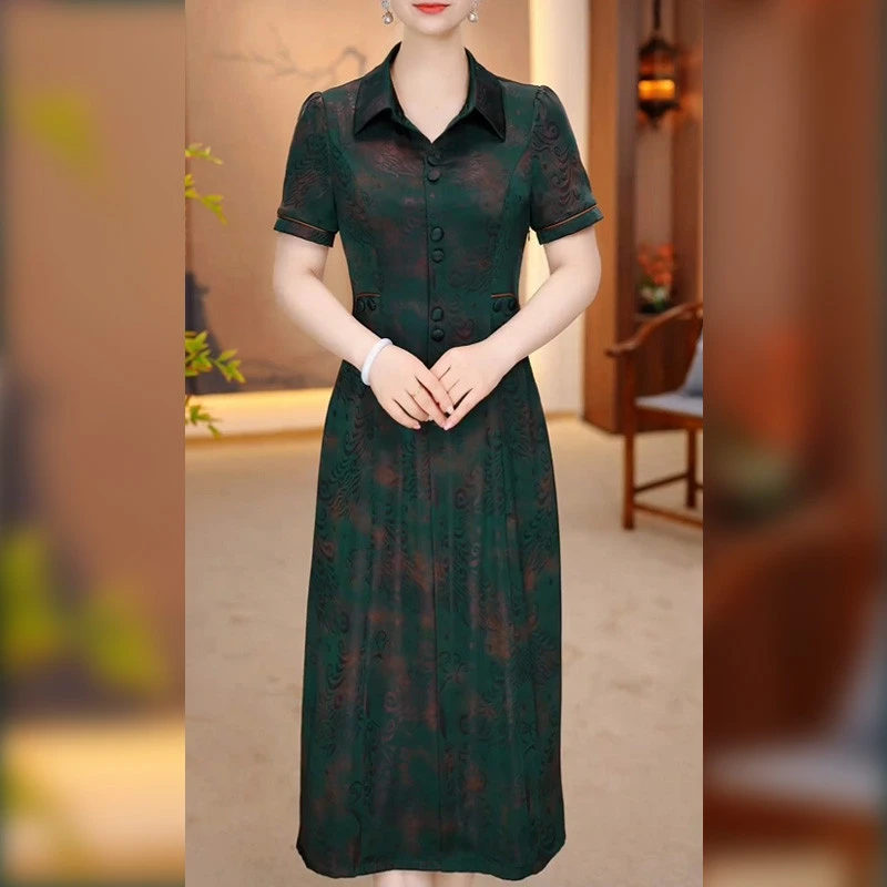 旗遇衬衫领印花连衣裙女夏季2025新款藏肉减龄妈妈装中长款a字裙