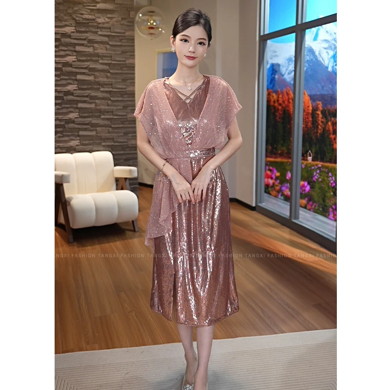 2025夏季新款【LT-1102】小众高级感轻奢时尚香槟粉收腰连衣裙子女