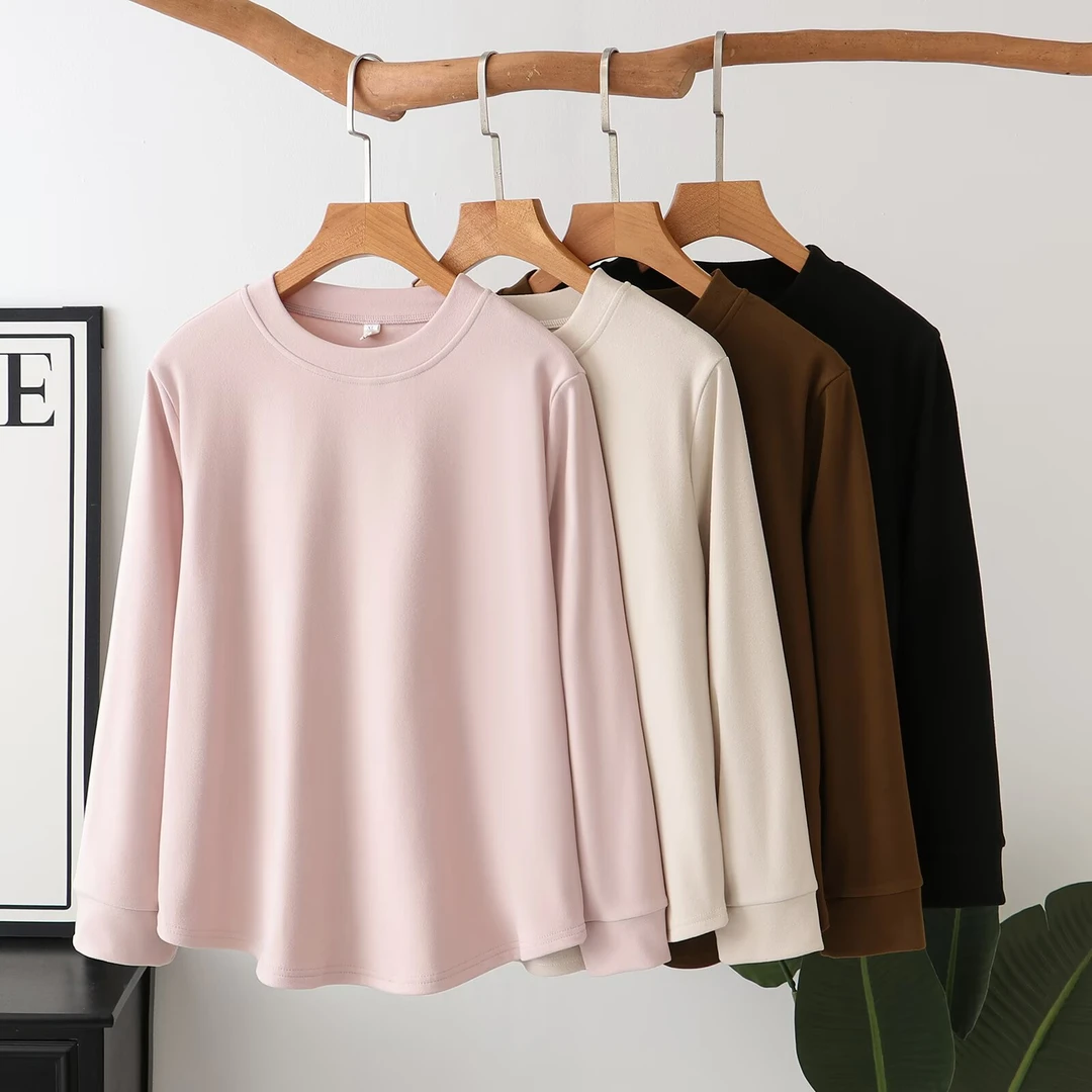 大码女装2025冬装新款正肩圆领长袖双面暖绒打底衫亲肤保暖上衣女